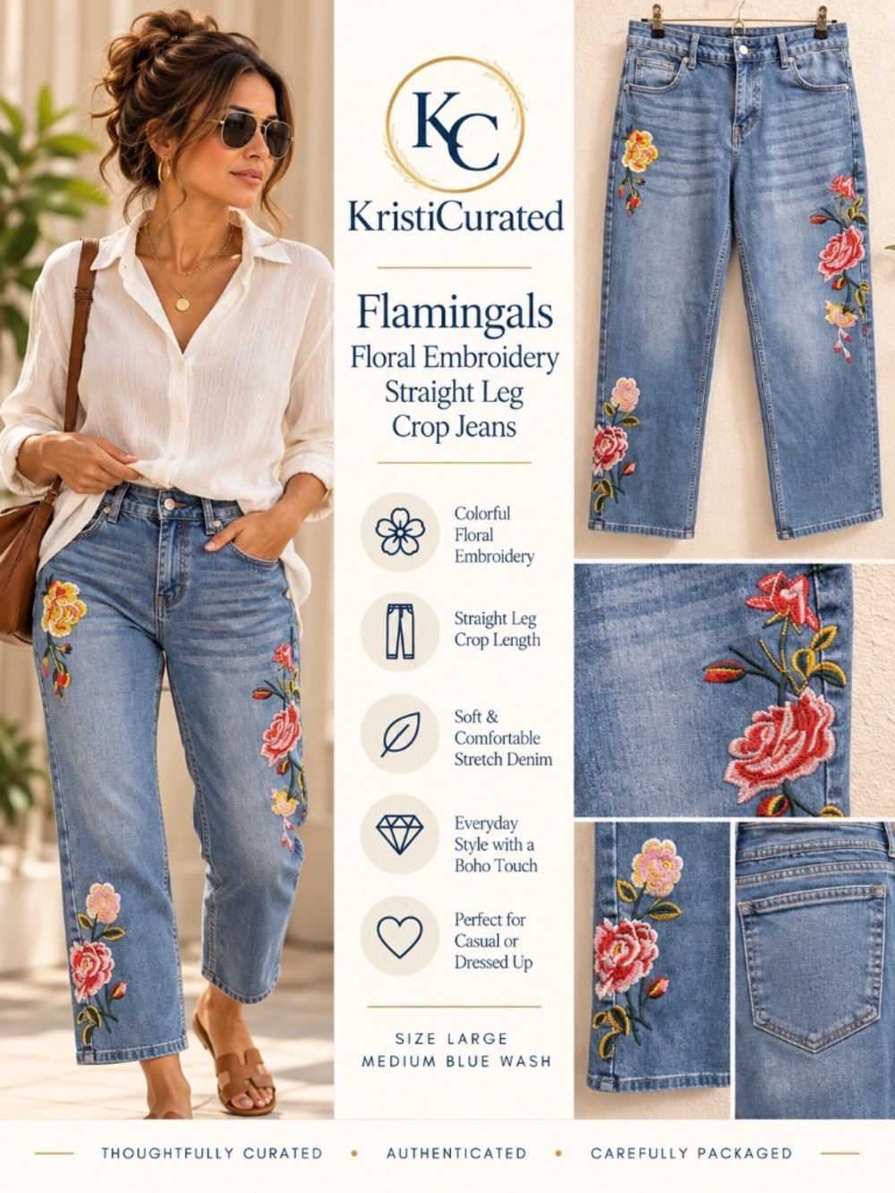 Flamingals Floral Embroidered Straight Leg Crop Jeans L NWOT